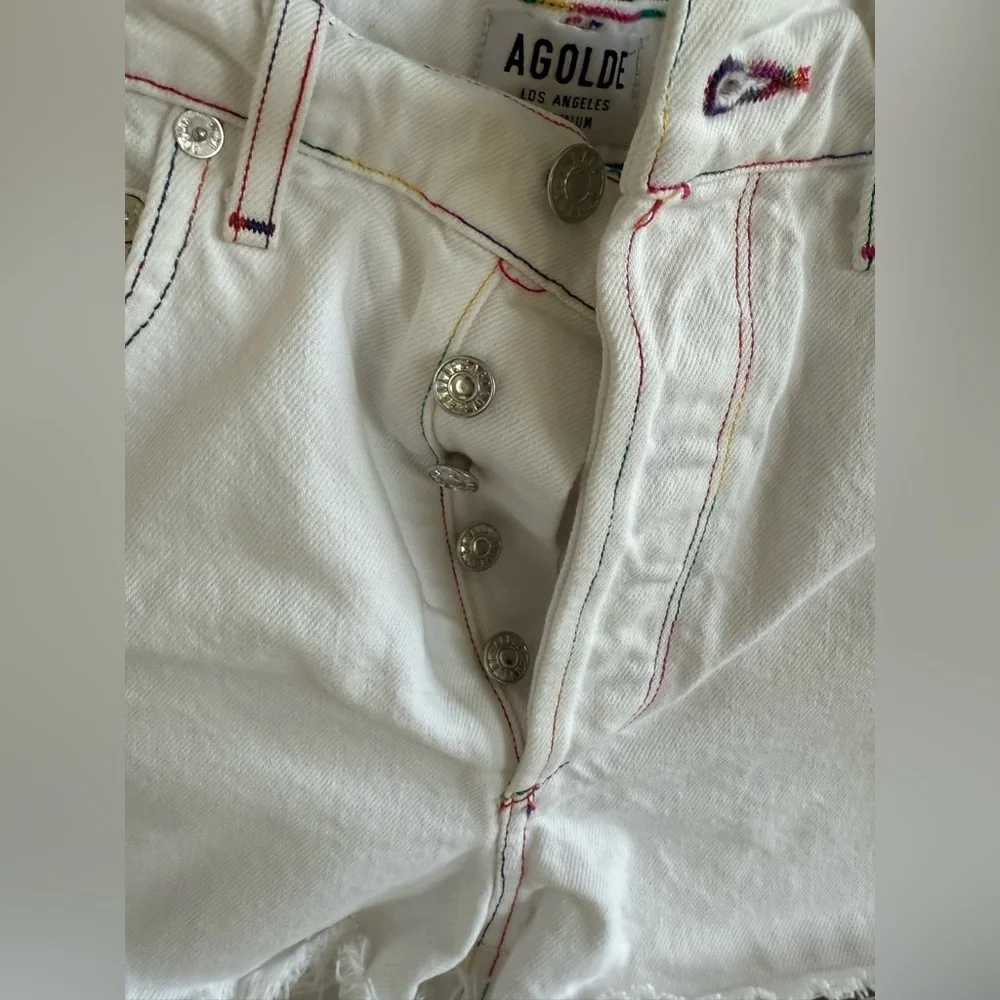 Agolde 27 Jaden Cut Off Short in White Space w/ rainbow stitch